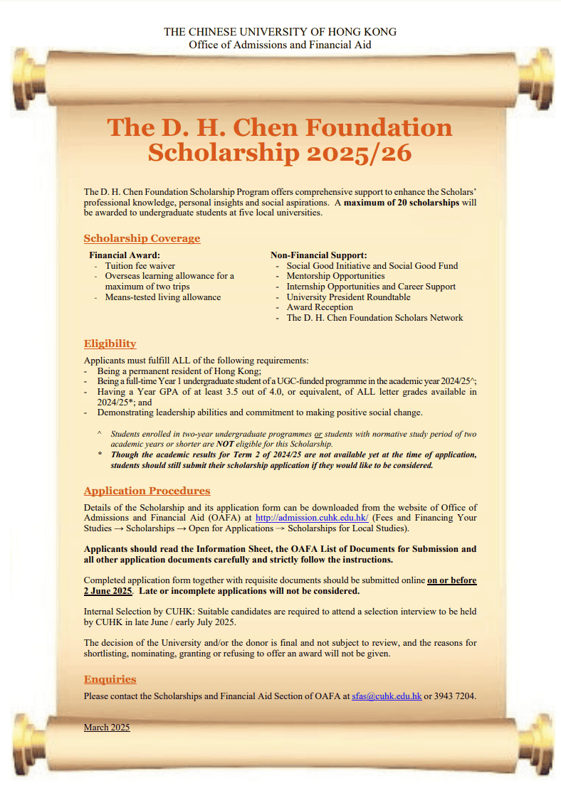 The D. H. Chen Foundation Scholarship 2025/26